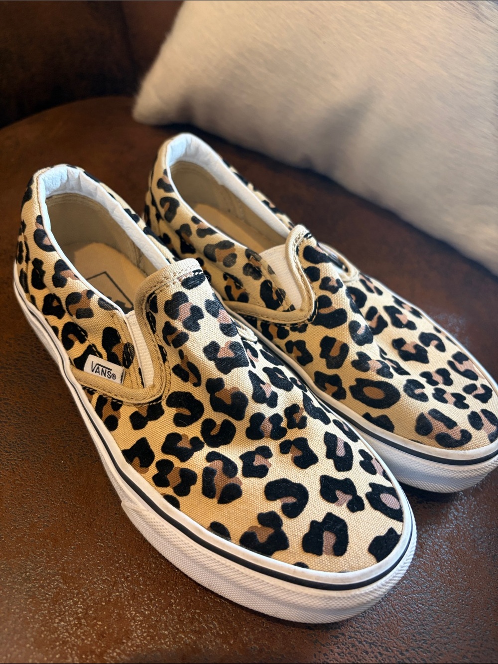 Vans Leopard Print Slip-On Sneakers in Tan, Black